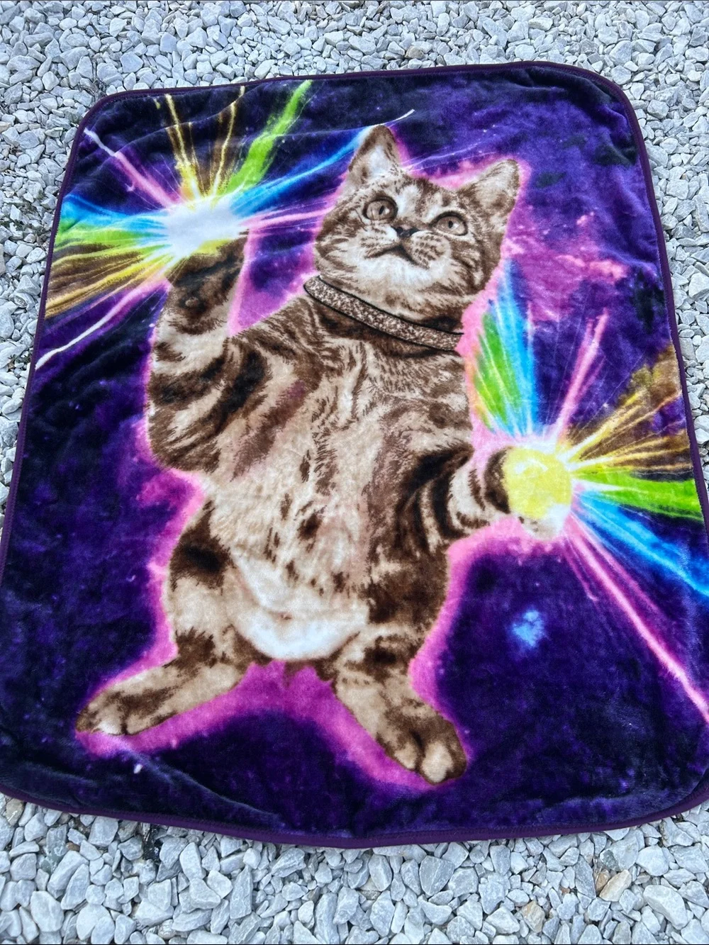 Plush Purple Cat-Print Blanket with Rainbow Accents, laser paws!